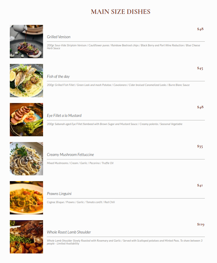 main course dinner menu