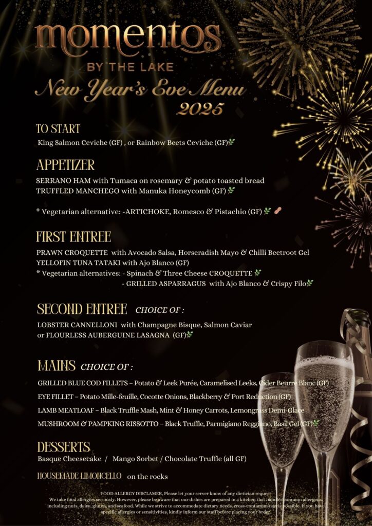 new years eve menu 2025 at Momentos by the Lake